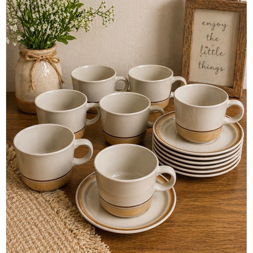 Vintage Hearthside Watercolors Japan 7 Cup Saucer Set Stoneware Neutral